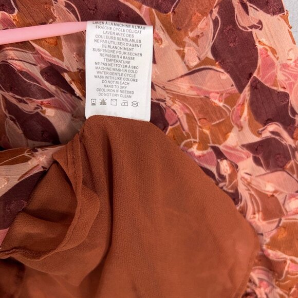 Joie Shirt Womens Large Brown Leaves Boho Sheer Swiss Dot Chiffon Tie Ruffle - Picture 14 of 15